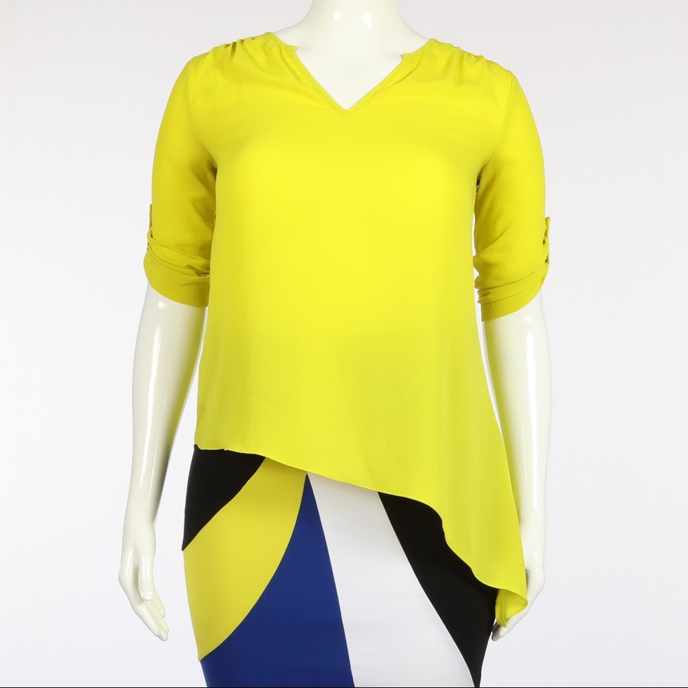 Karen Kane Neon V-neck Asymmetrical Hem Blouse SZM